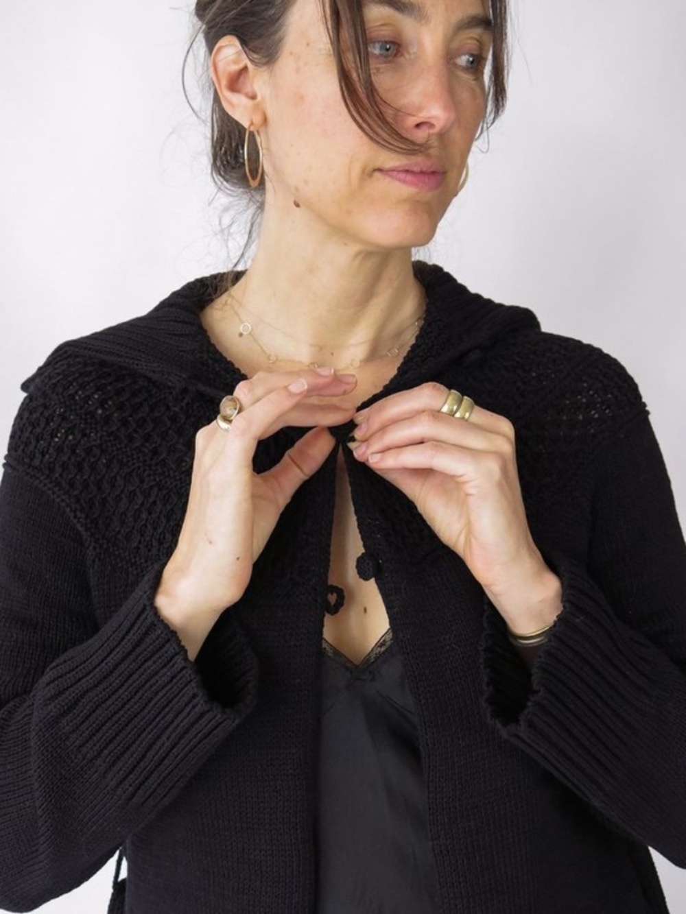 ERICA TANOV The Big Collar Cardigan In Black Handknit Belted Honeycomb Yoke 0 XS